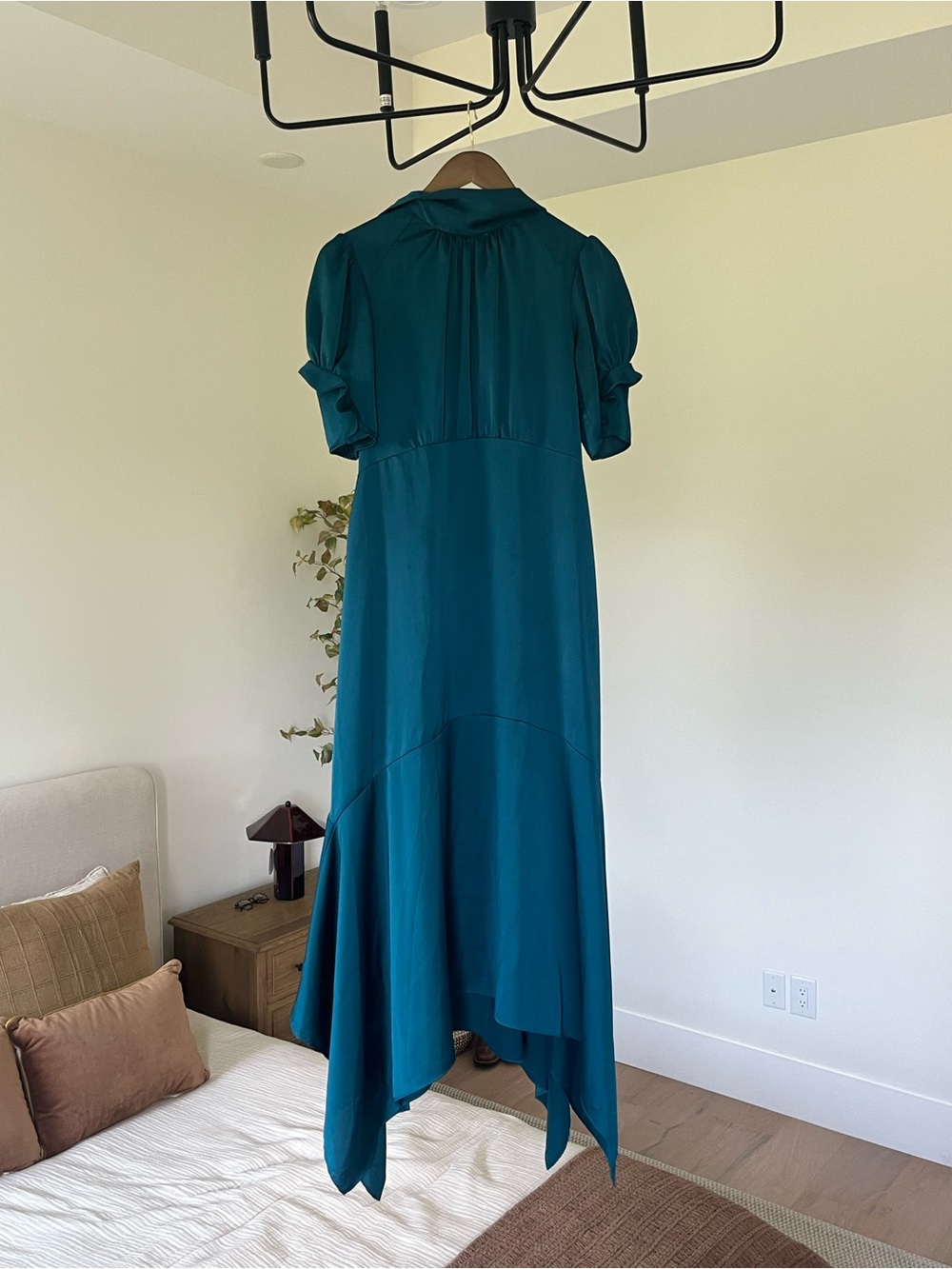 Eliza J Teal High-Low Midi Dress with Tie Neck Pretty Modest Dress